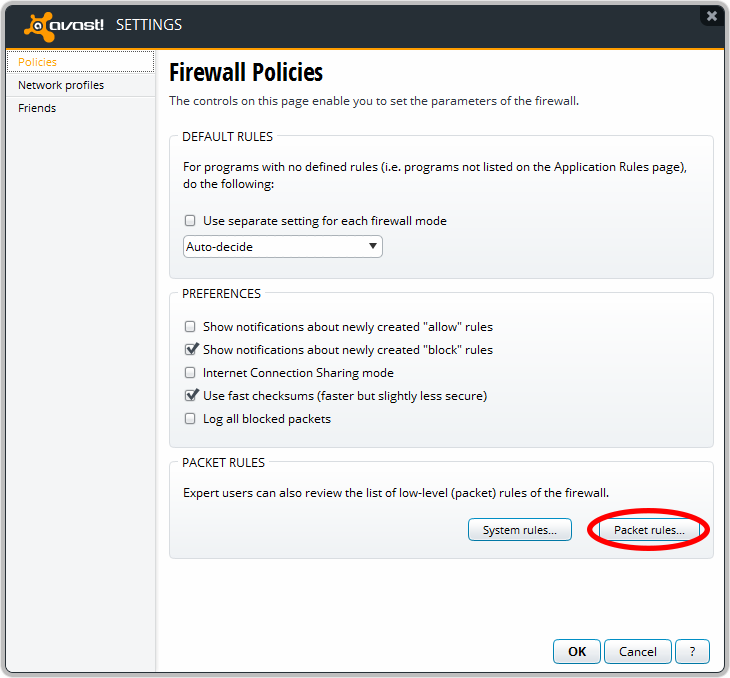 change avast firewall settings to allow a port